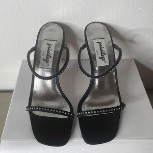 Privilege Black Rhinestone Satin & Leather Heels